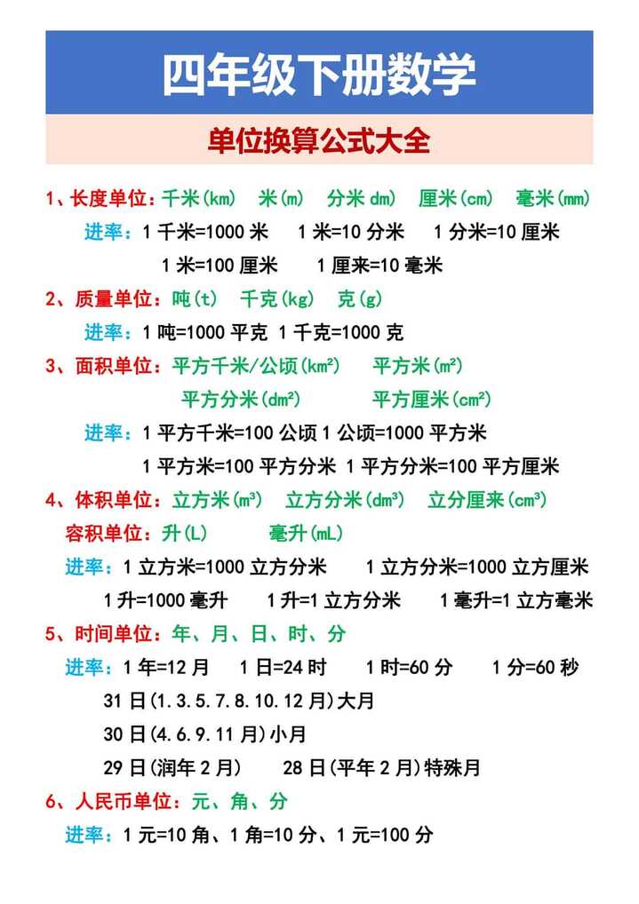 四年级下册数学 单位换算公式大全