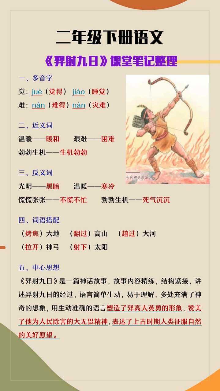 二年级下册语文《羿射九日》课堂笔记整理