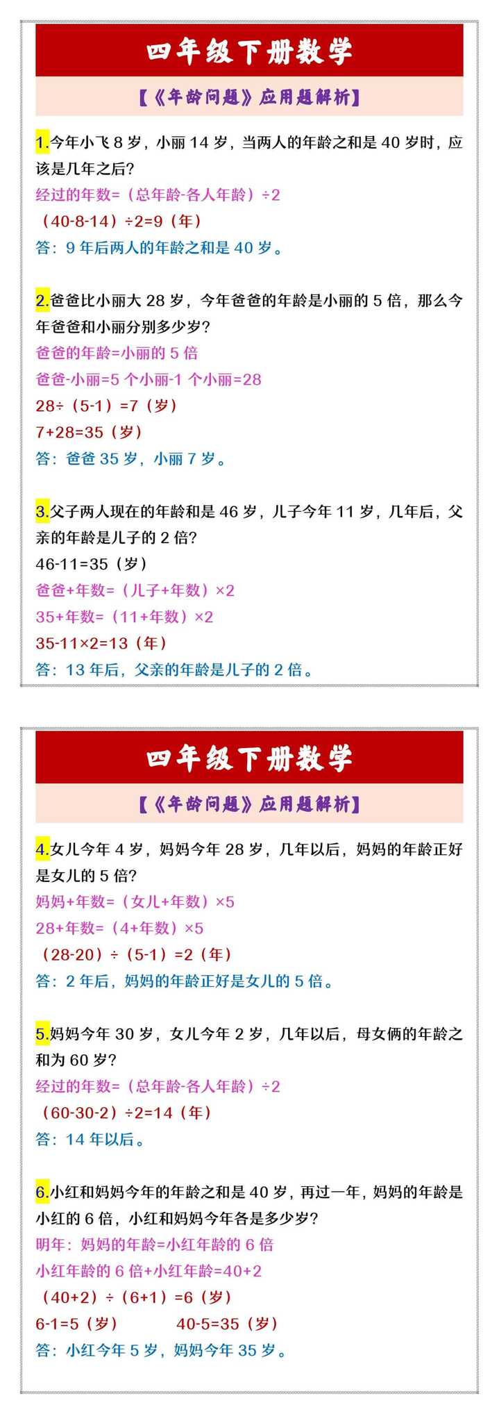 四年级下册数学 【《年龄问题》应用题解析】