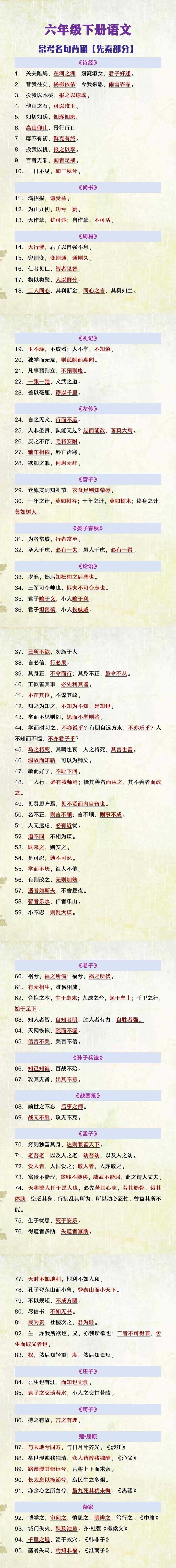 六年级下册语文常考名句背诵【先秦部分】