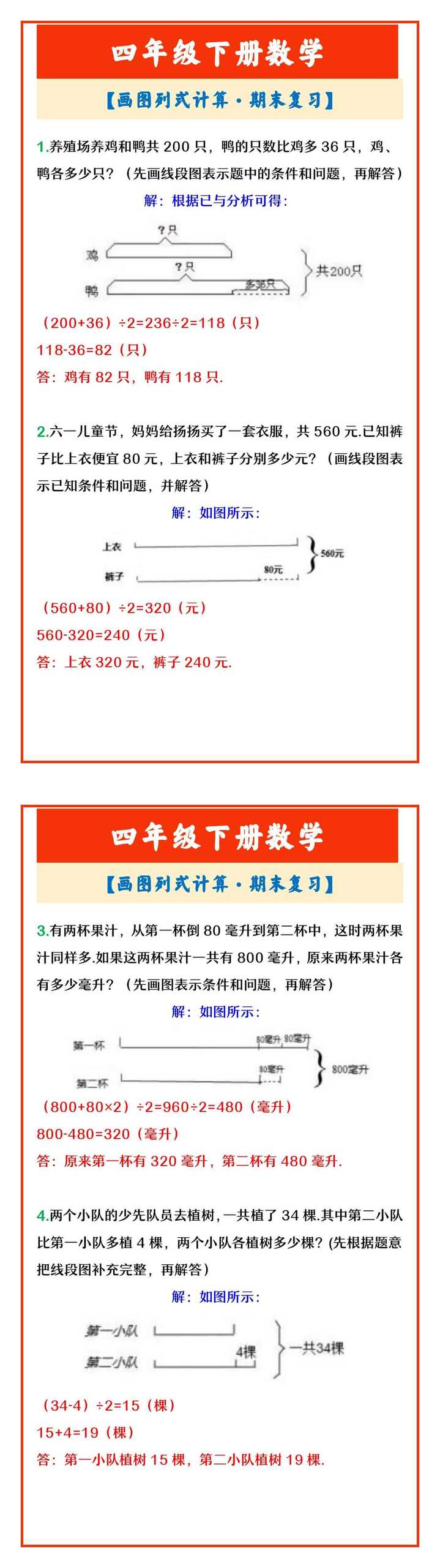 四年级下册数学 【画图列式计算·期末复习】