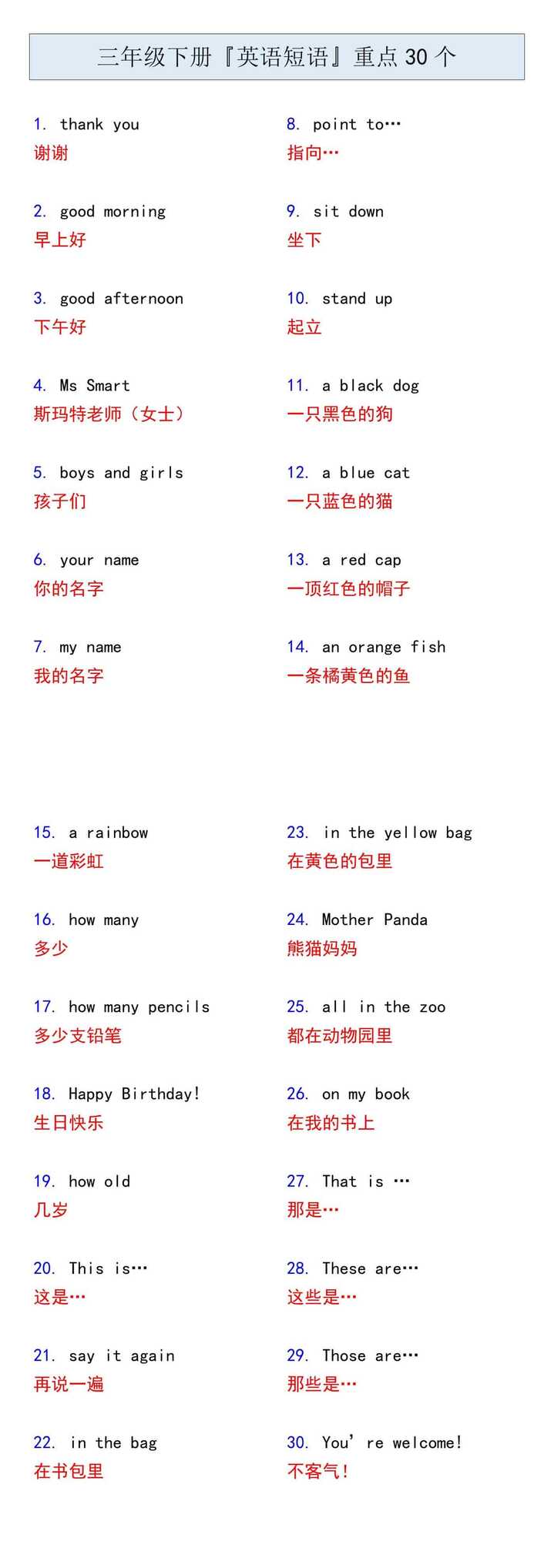 三年级下册『英语短语』重点30个