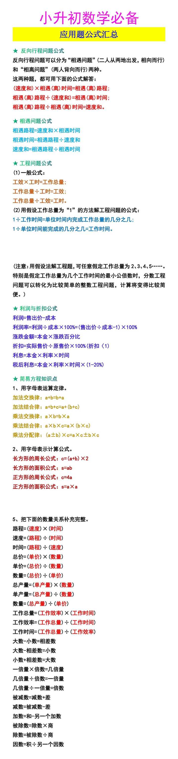 小升初数学必备 应用题公式汇总