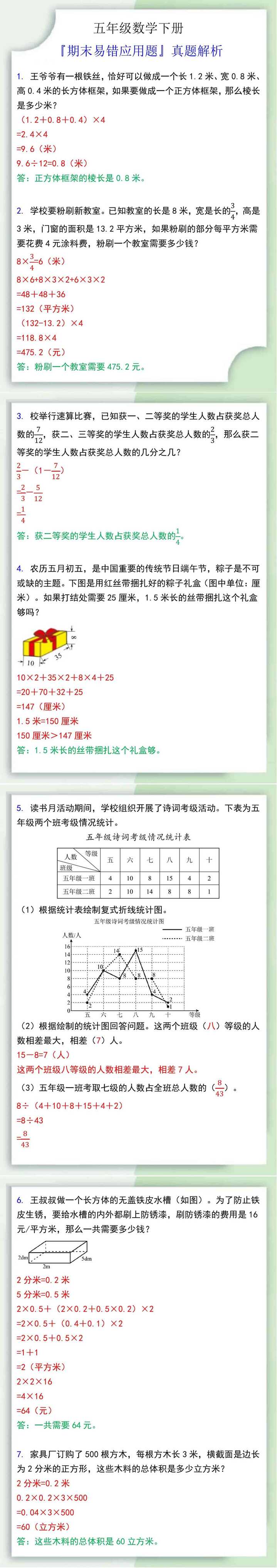 五年级数学下册期末易错应用题解析