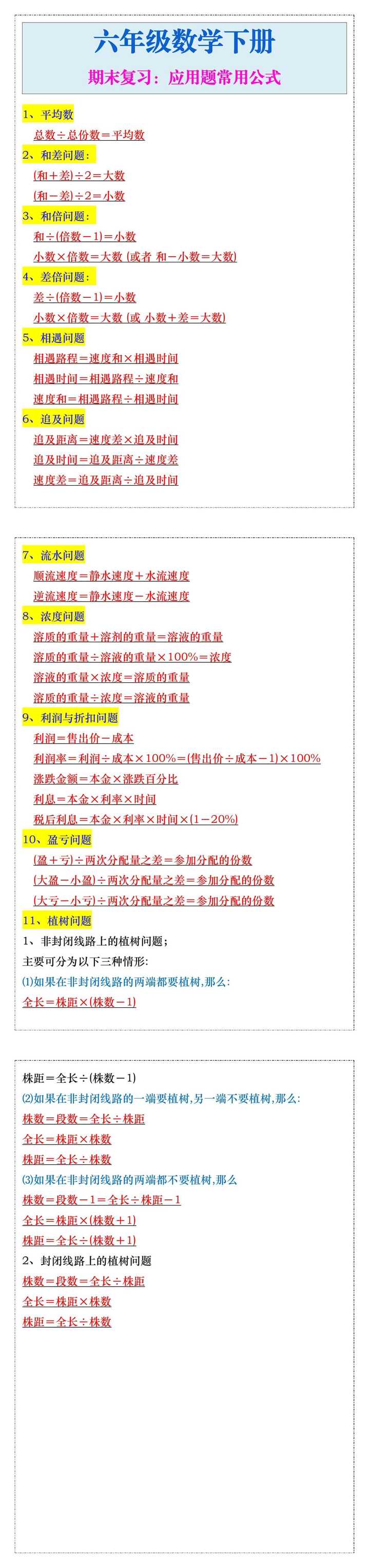 六年级数学下册期末复习应用题常用公式