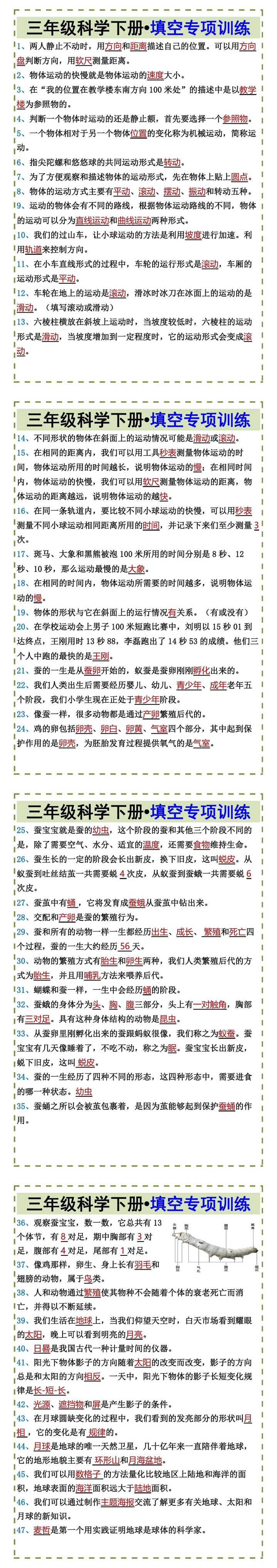 三年级科学下册•填空专项训练