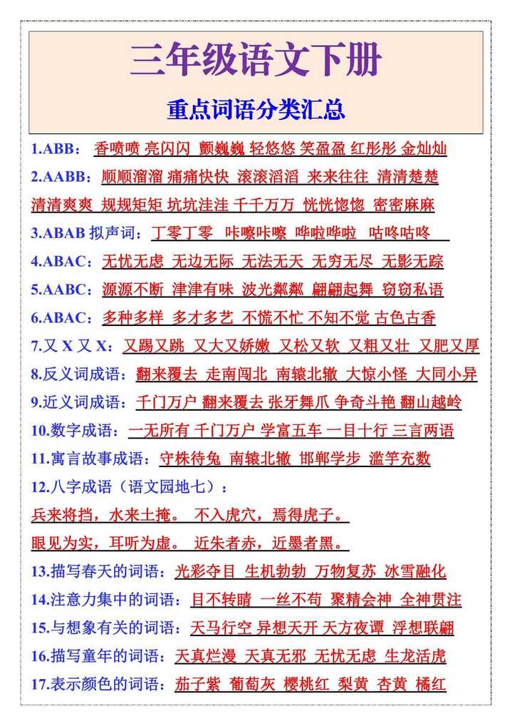 三年级语文下册重点词语分类汇总