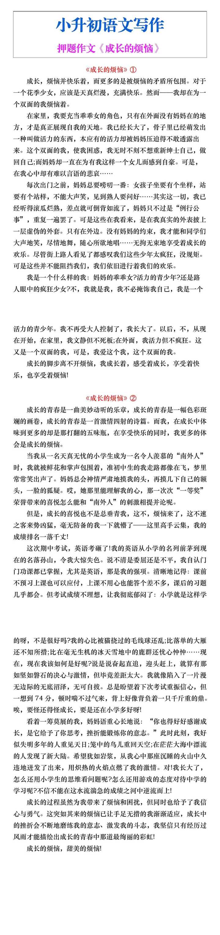 小升初语文押题作文《成长的烦恼》