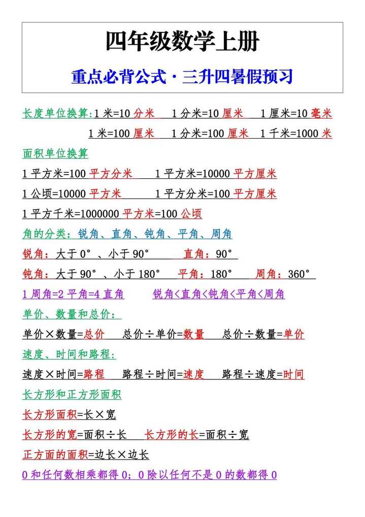 四年级数学上册重点必背公式·三升四暑假预习