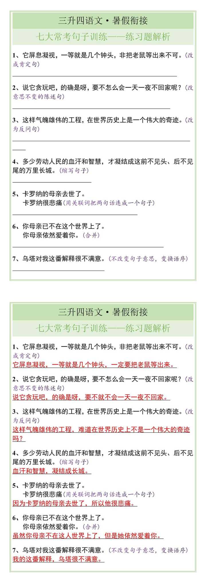 三升四暑假衔接——七大常考句子训练
