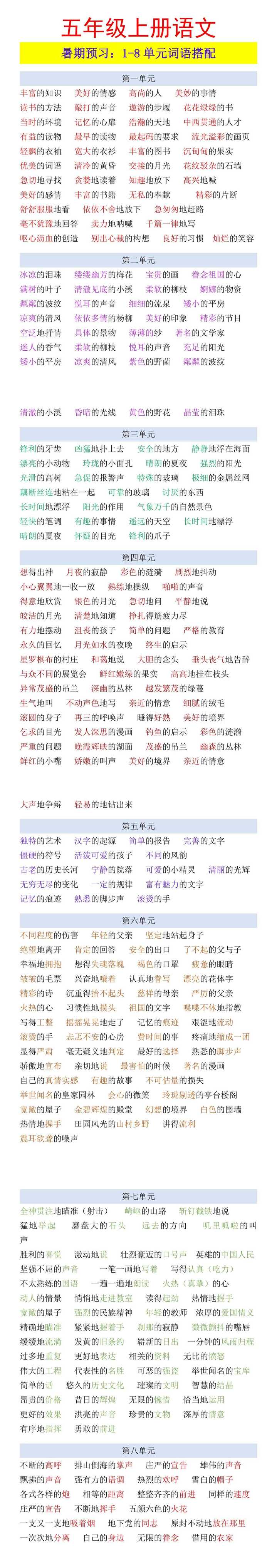 五年级上册语文 暑期预习：1-8单元词语搭配