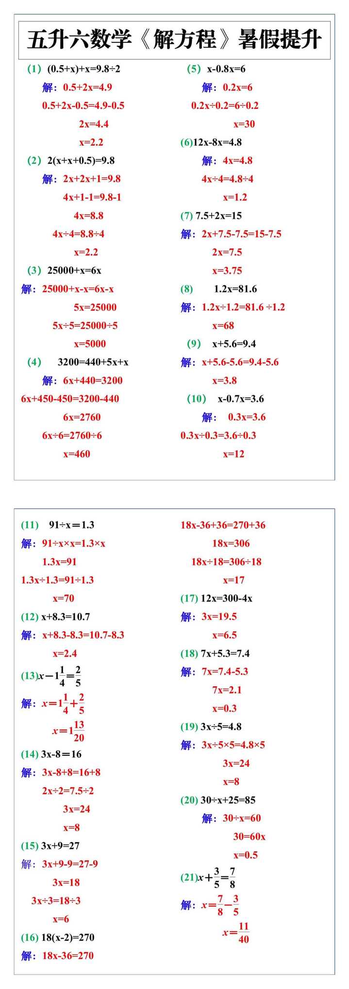 五升六年级数学《解方程》暑假专项提升训练