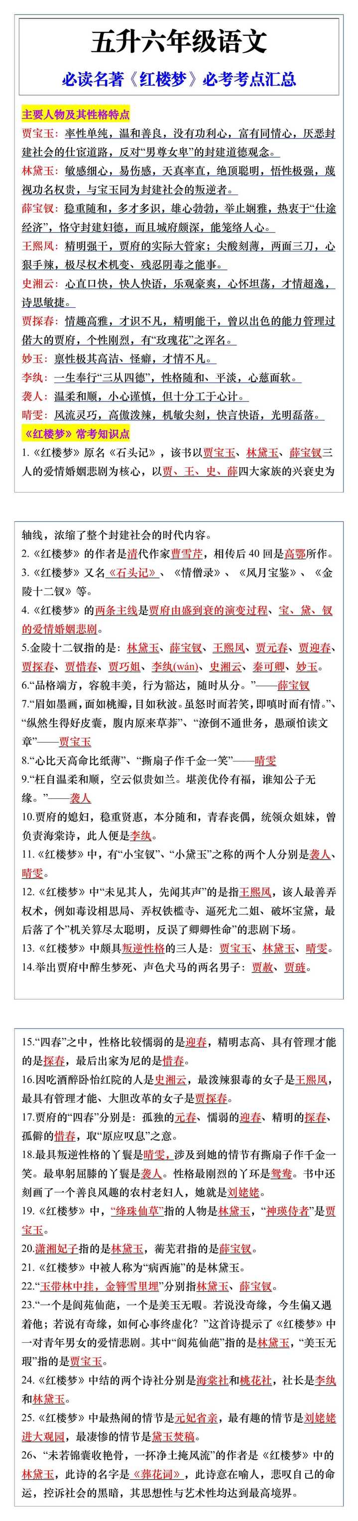 五升六年级语文必读名著《红楼梦》必考考点