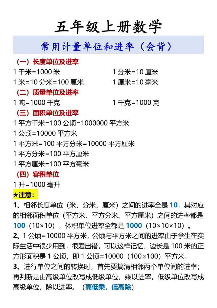 五年级上册数学 常用计量单位和进率