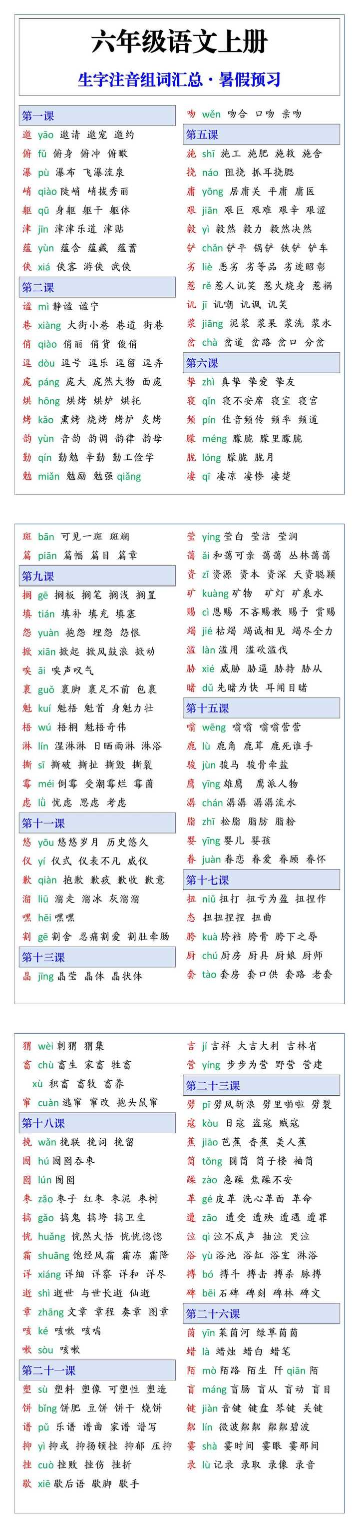 六年级上册语文生字组词汇总