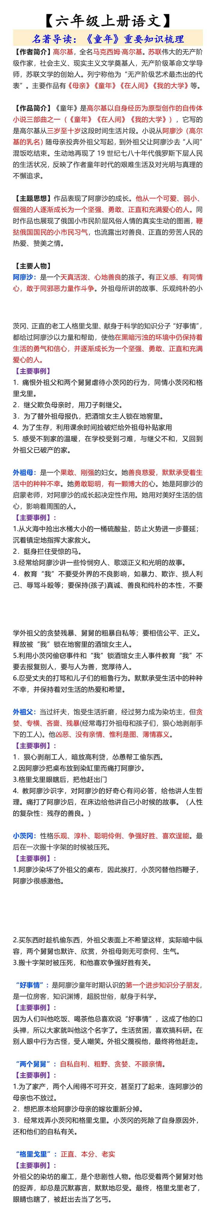 【六年级上册语文】 名著导读：《童年》重要知识梳理