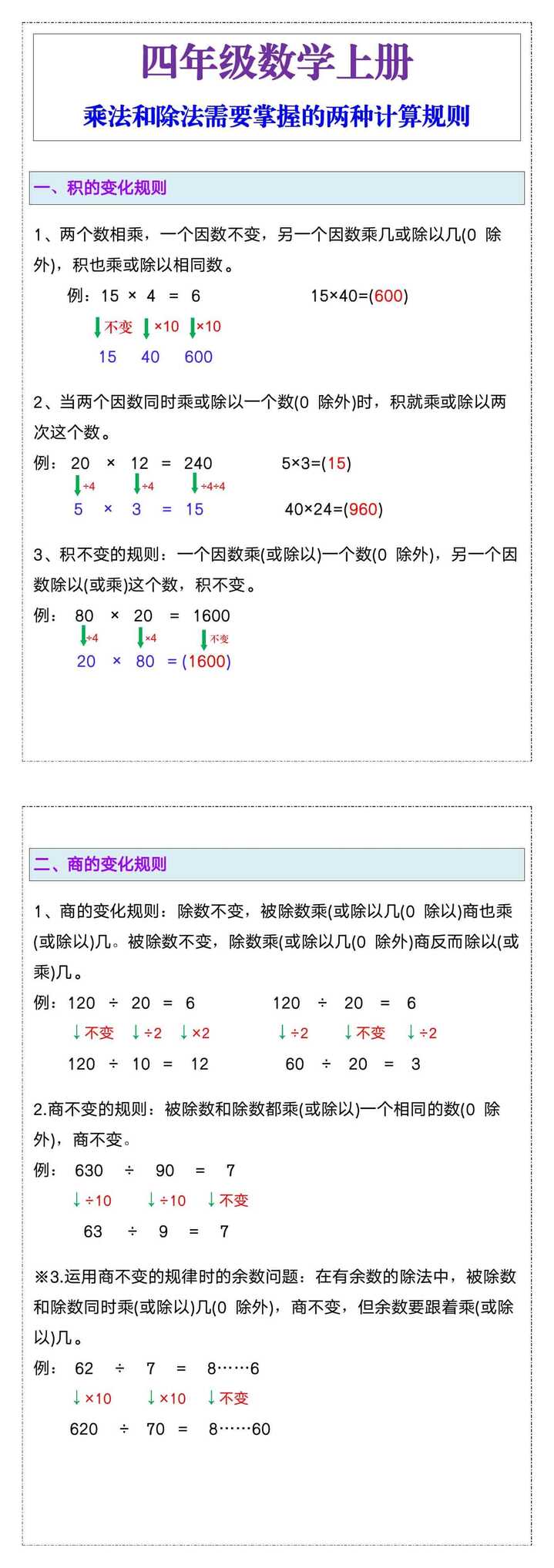 四年级数学上册乘法和除法需要掌握的两种计算规则