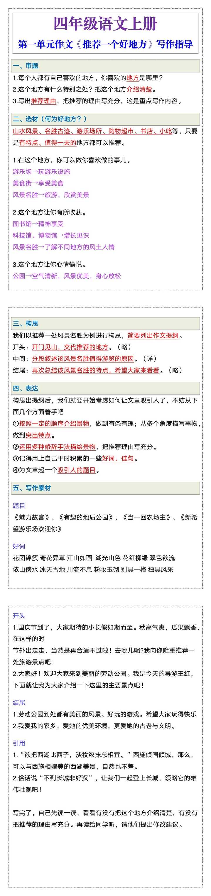 四年级语文上册第一单元作文《推荐一个好地方》写作指导