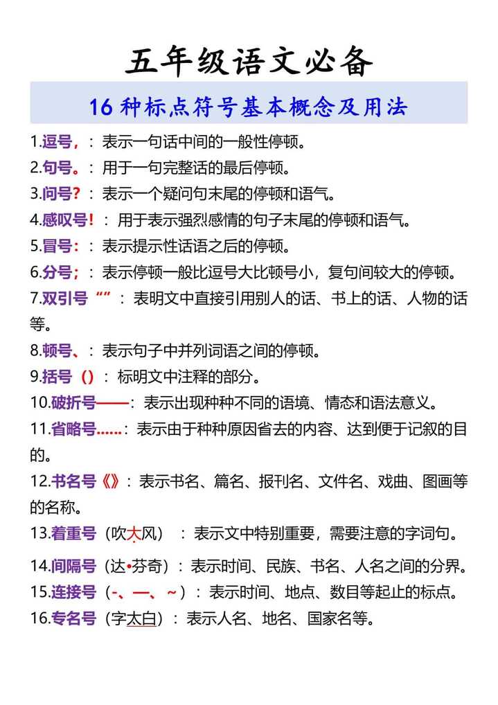 五年级语文必备标点符号基本概念及用法