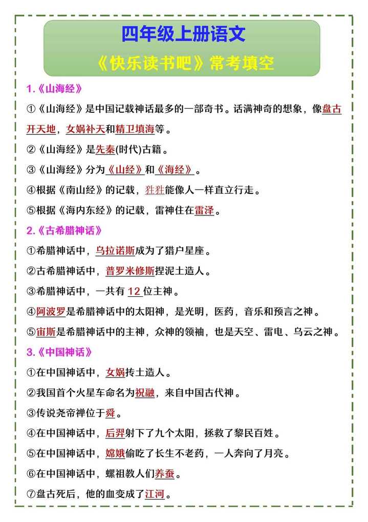 四年级上册语文 《快乐读书吧》常考填空