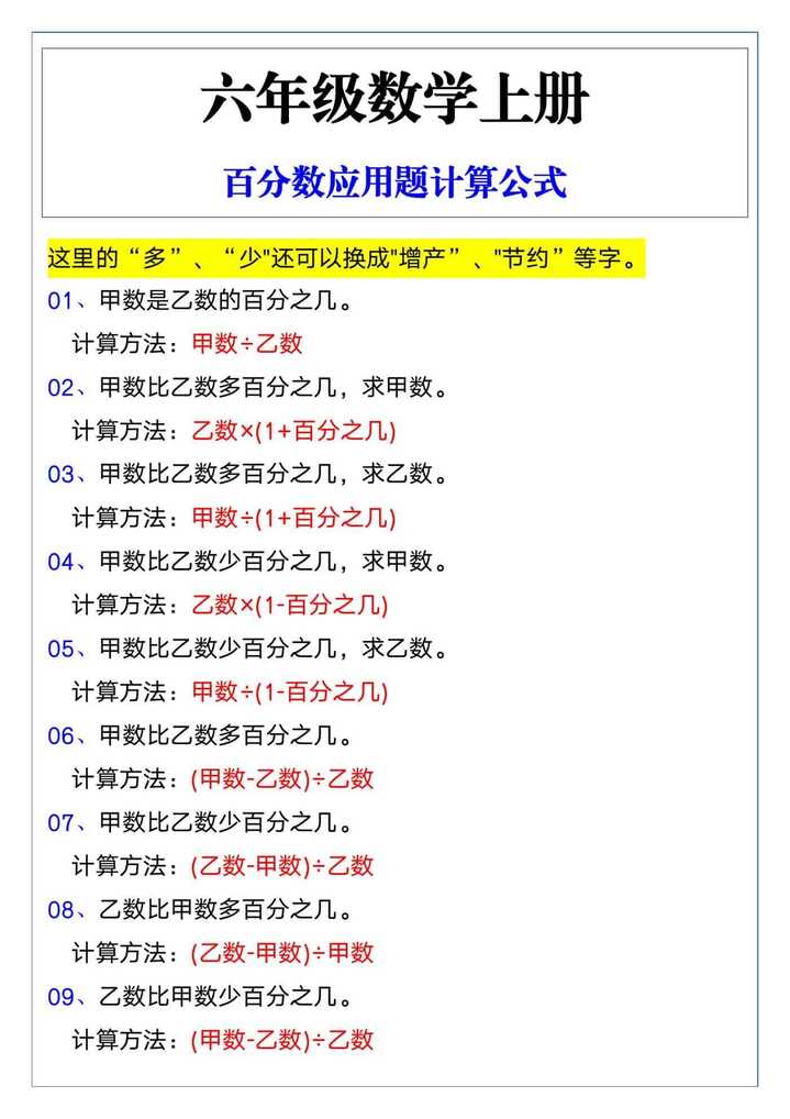 六年级数学上册百分数应用题计算公式