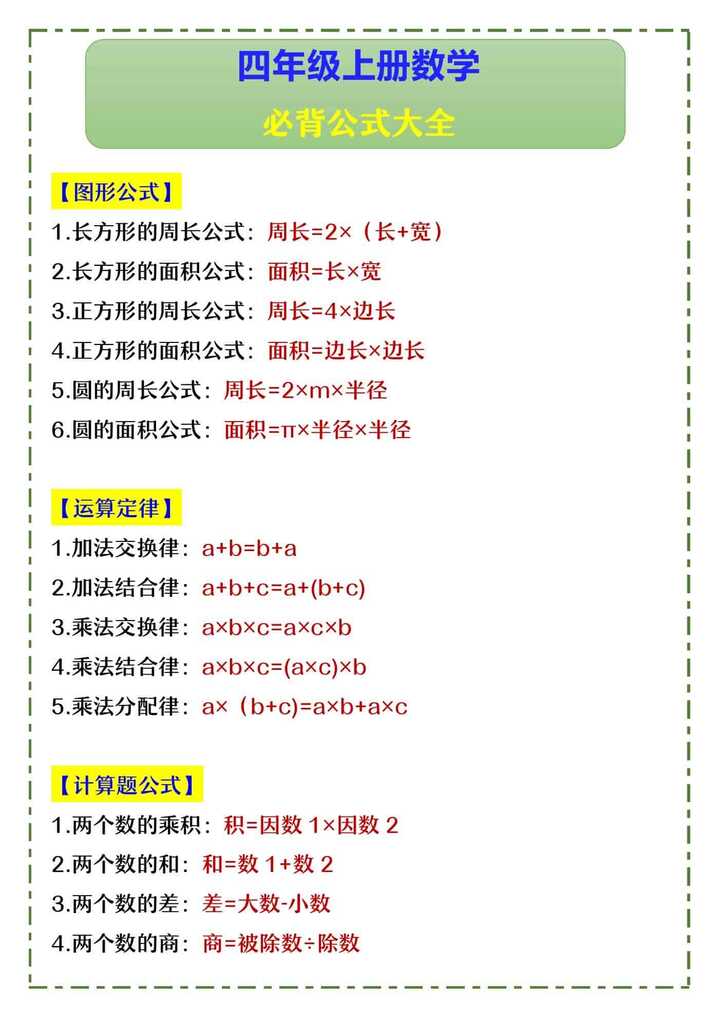 四年级上册数学 必背公式大全