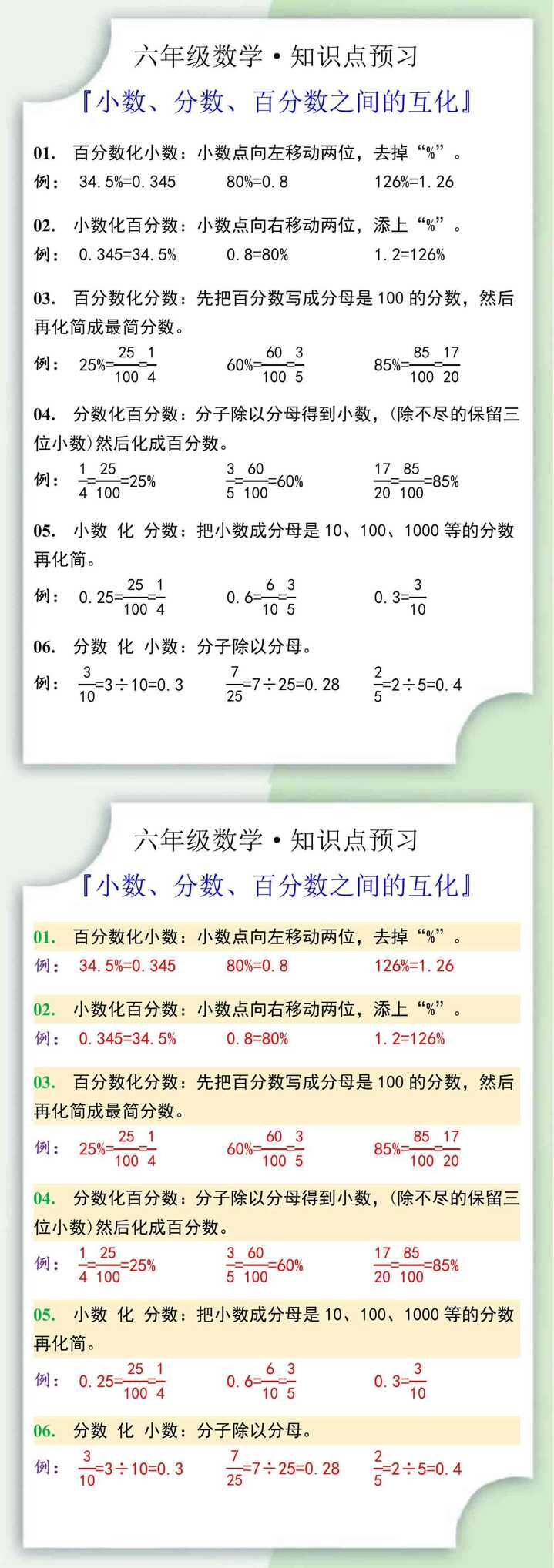 六年级数学上册小数、分数、百分数之间的互化