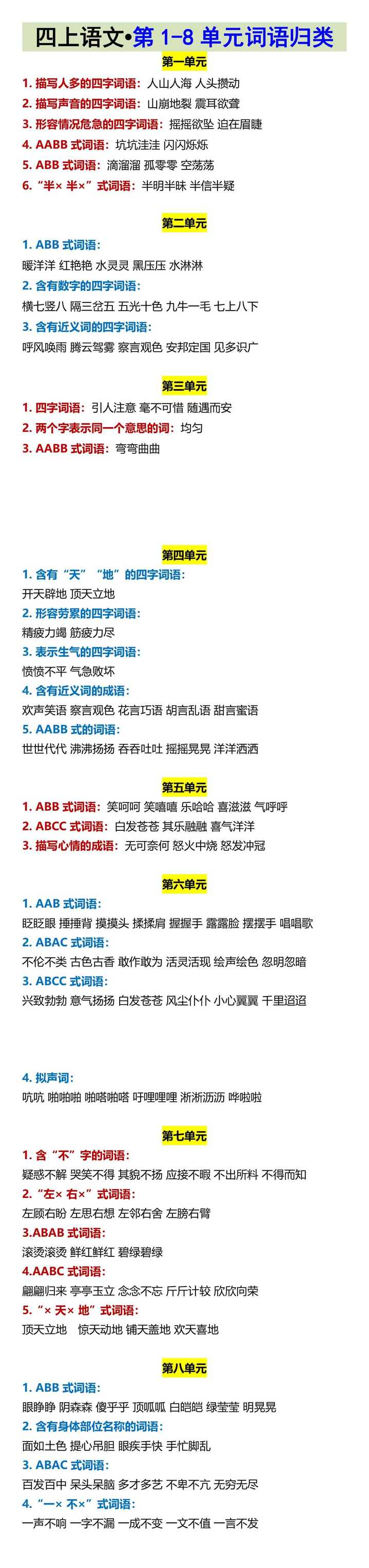 四上语文•第1-8单元词语归类