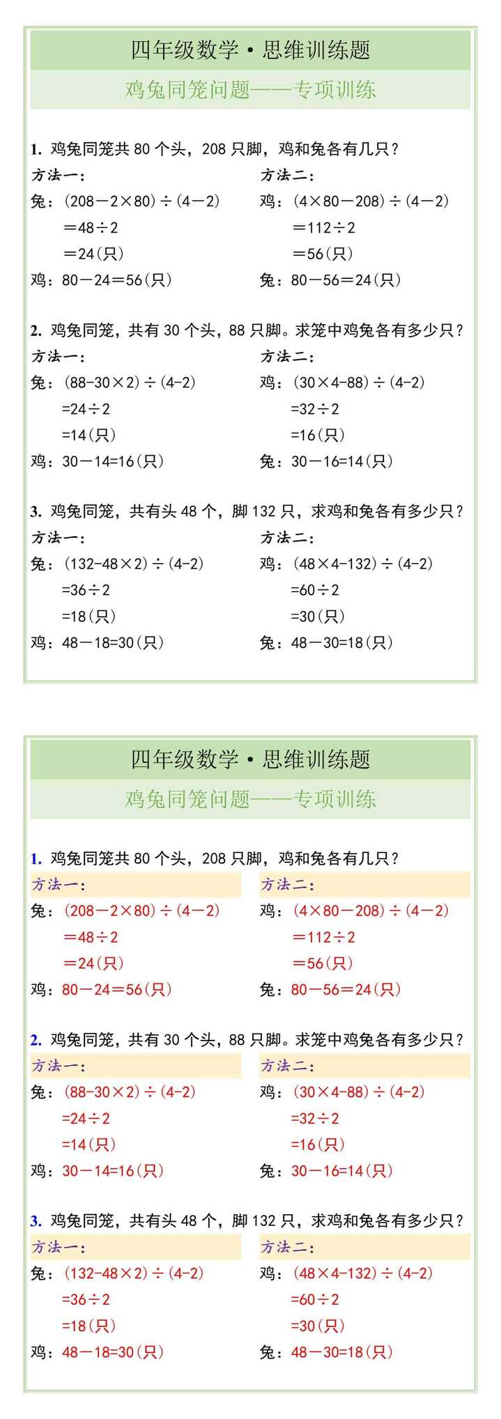 四年级数学上册鸡兔同笼问题展专项训练