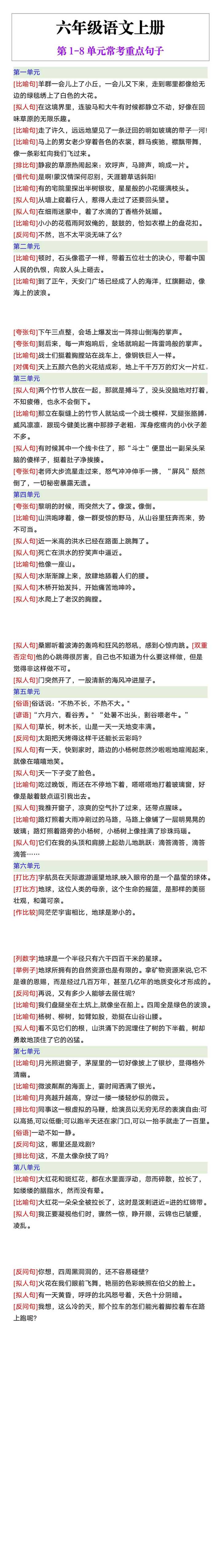 六年级上册语文第1-8单元常考重点句子