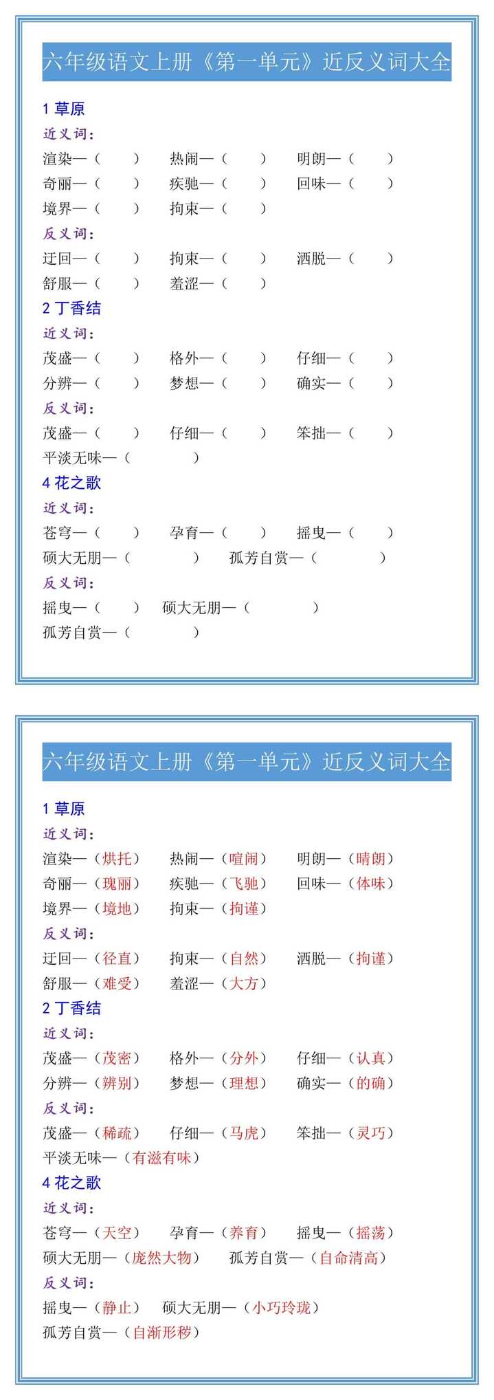 六年级语文上册《第一单元》近反义词大全