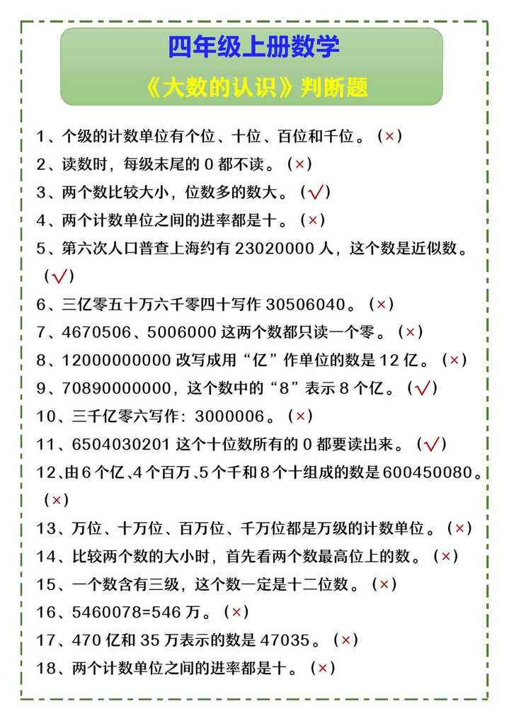 四年级上册数学 《大数的认识》判断题