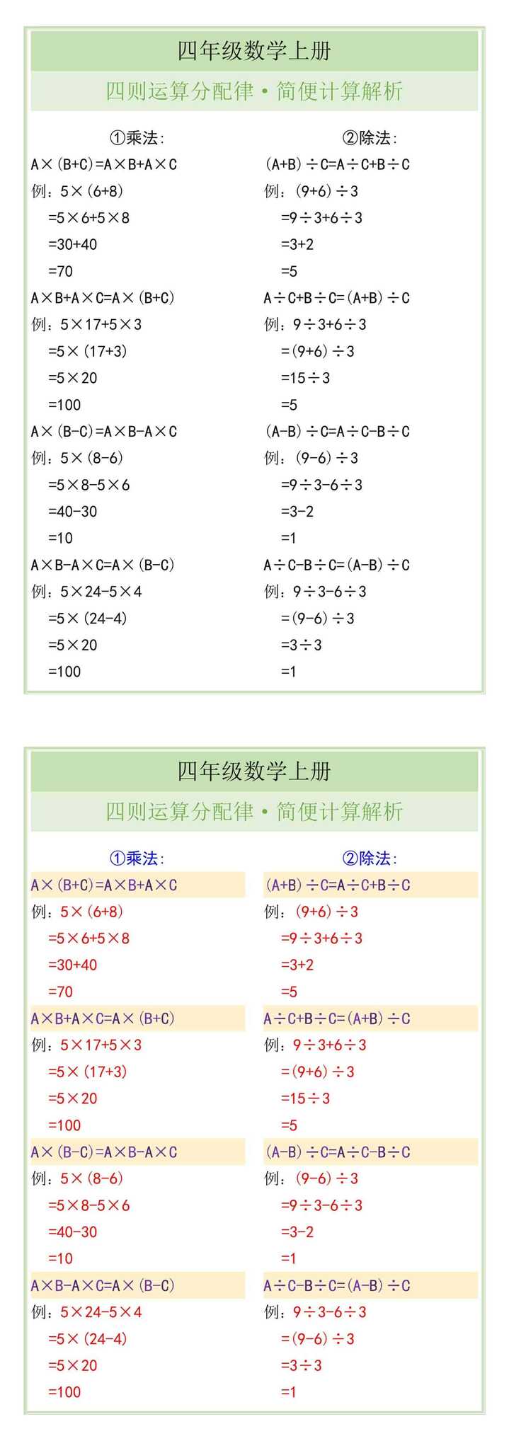 四年级数学上册四则运算分配律简便计算解析