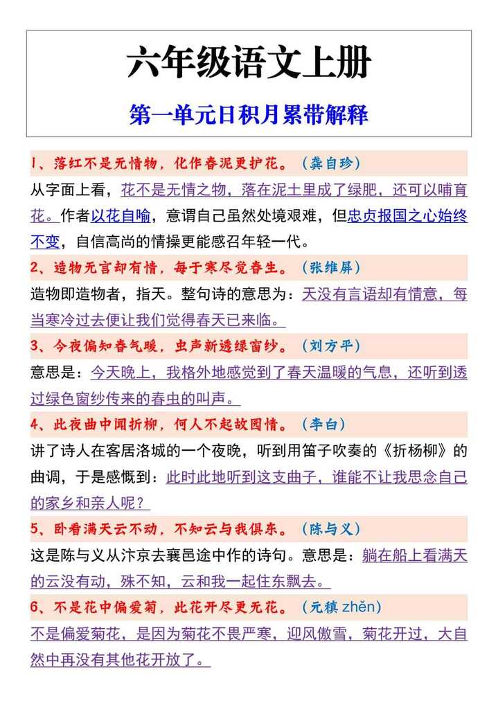 六年级语文上册第一单元日积月累带解释