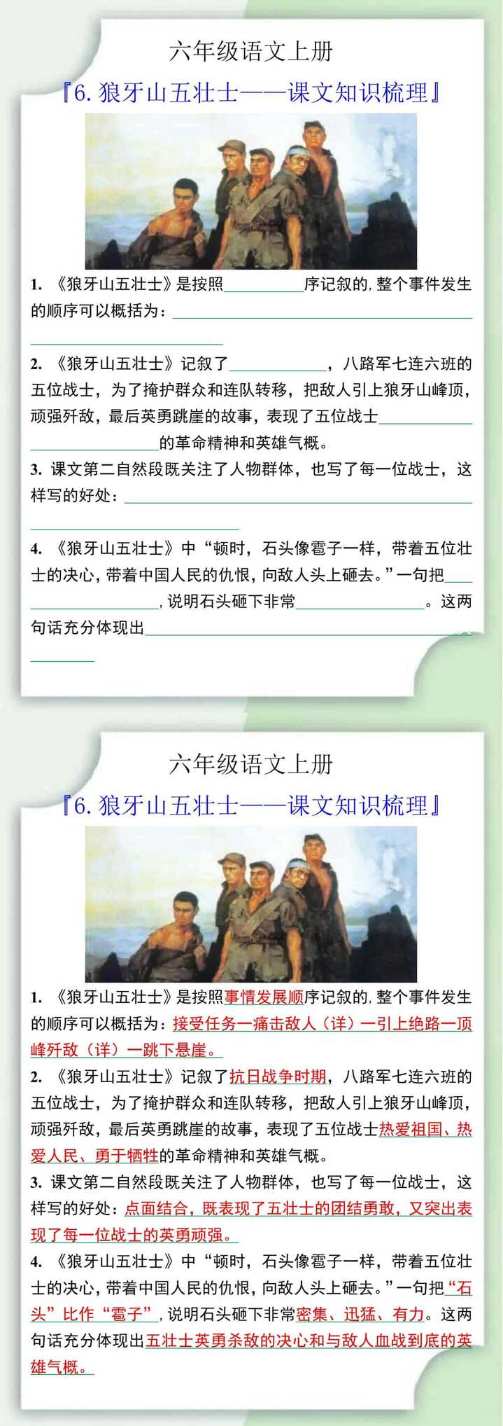 六年级语文上册6.狼牙山五壮士课文知识梳理