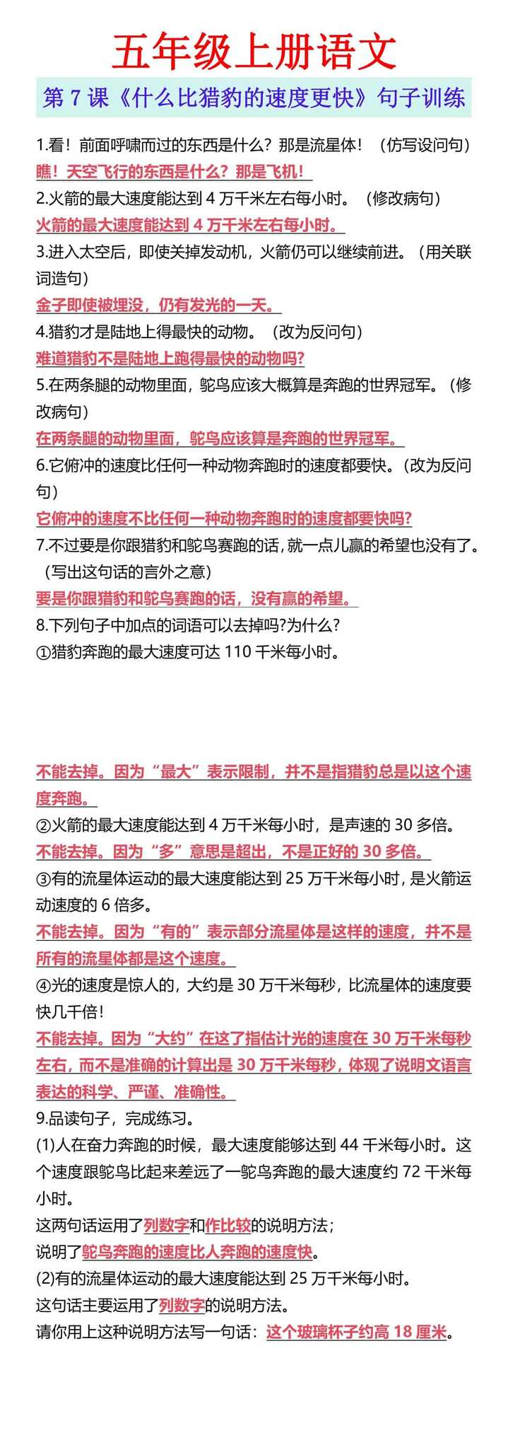 五年级上册语文 第7课《什么比猎豹的速度更快》句子训练