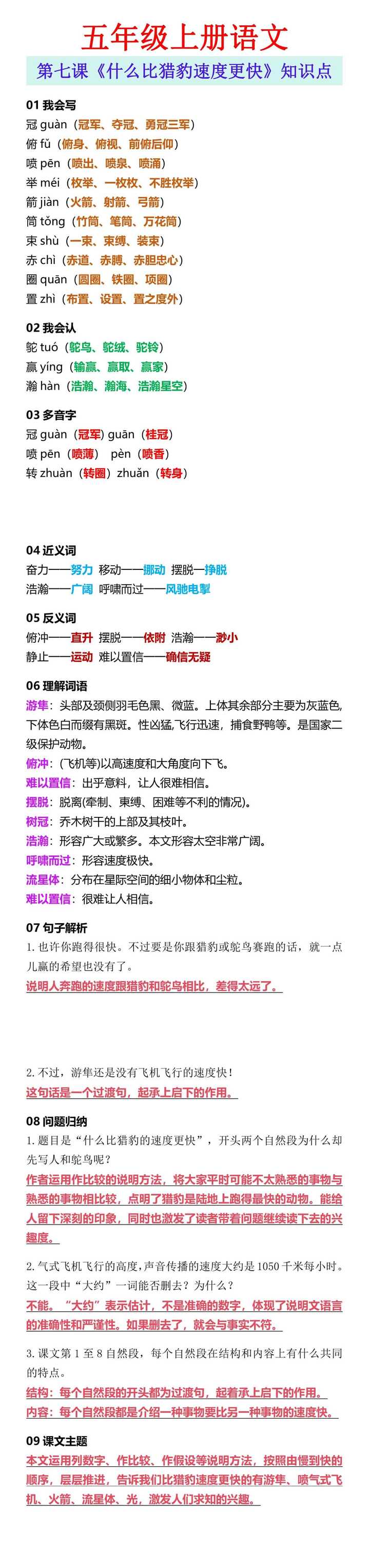 五年级上册语文 第七课《什么比猎豹速度更快》知识点
