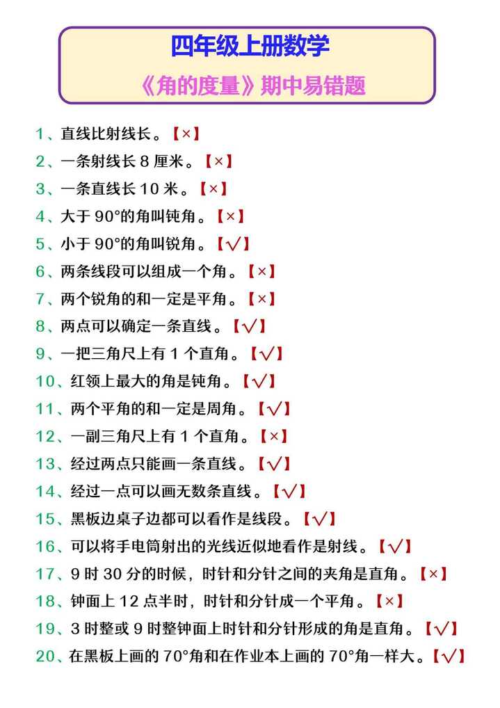 四年级上册数学 《角的度量》期中易错题