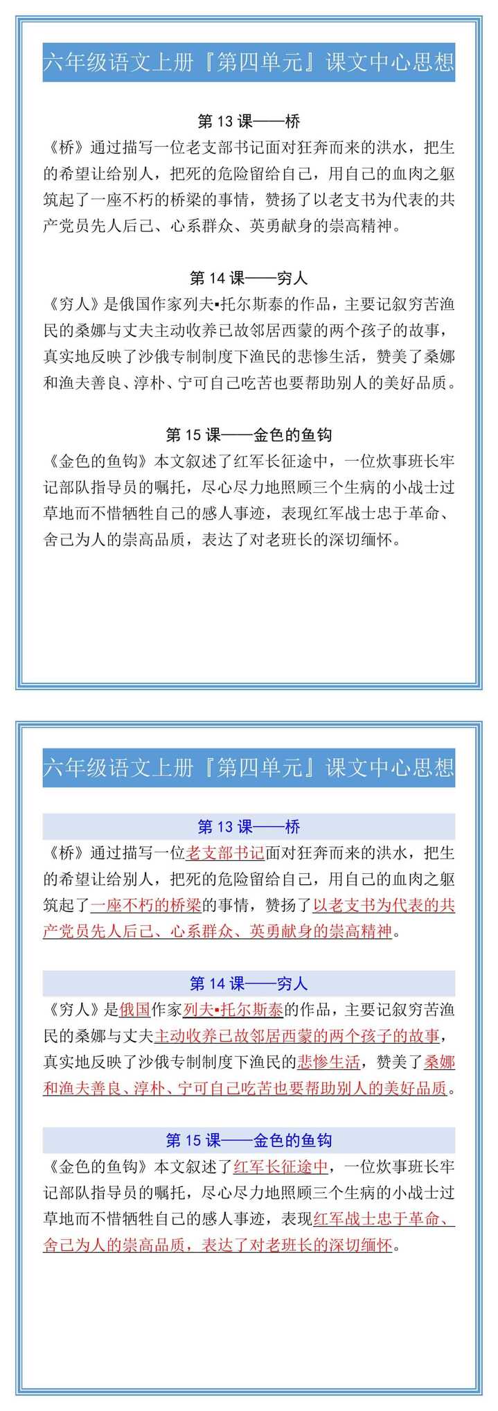 六年级语文上册『第四单元』课文中心思想