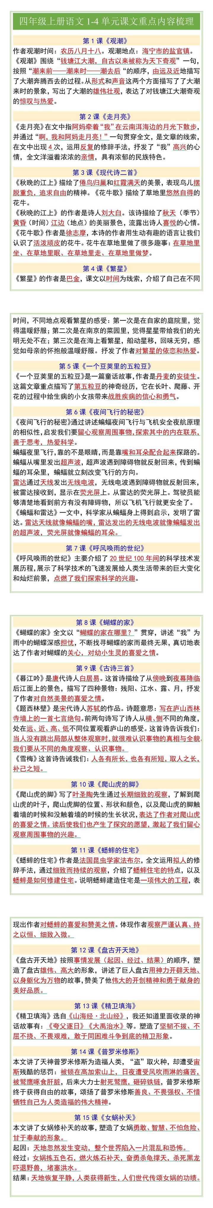 四年级上册语文1-4单元课文重点内容梳理