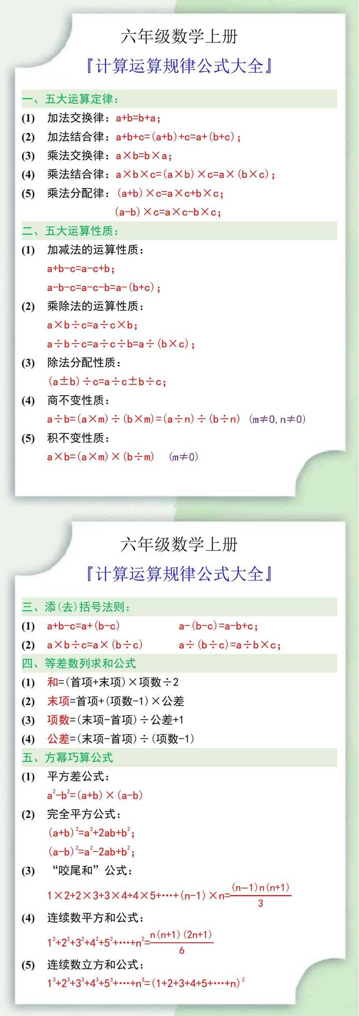 六年级数学上册计算运算规律公式大全