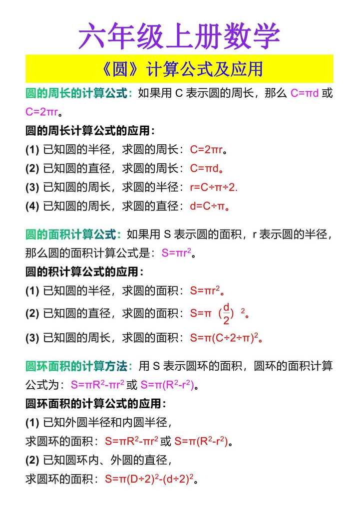 六年级上册数学 《圆》计算公式及应用