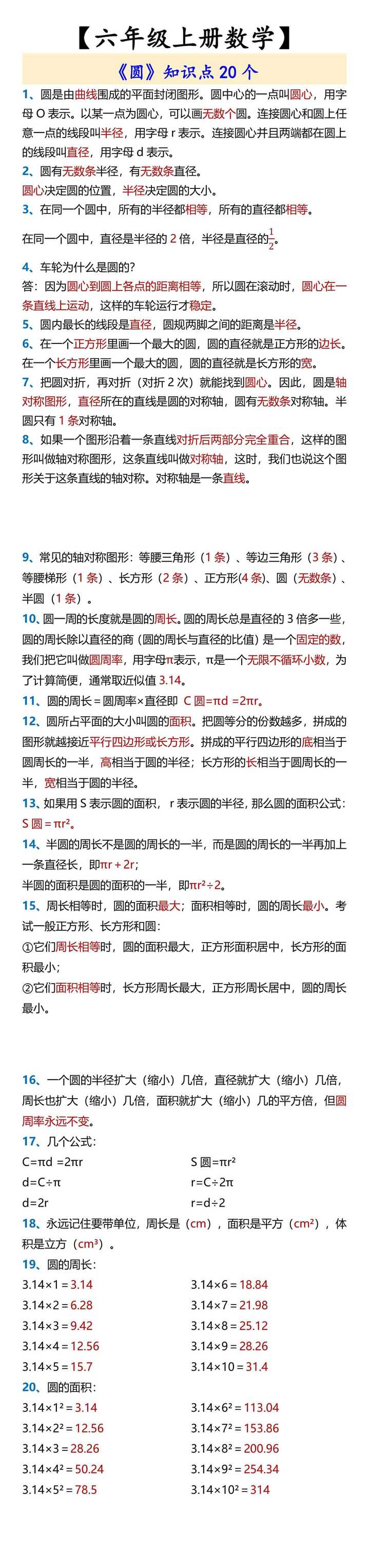 【六年级上册数学】 《圆》知识点