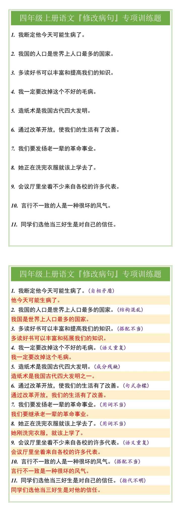 四年级上册语文『修改病句』专项训练题