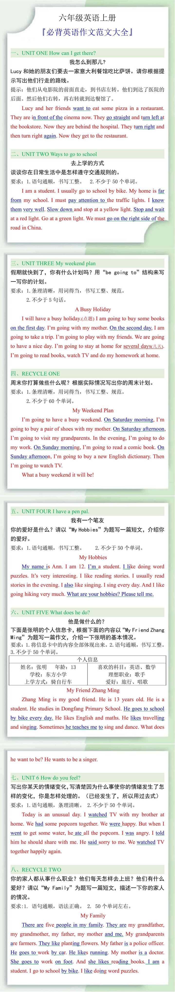 六年级上册必背英语作文范文大全