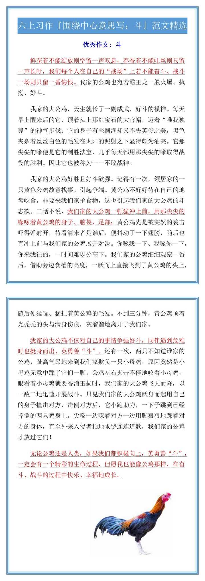 六上习作『围绕中心意思写：斗』范文精选
