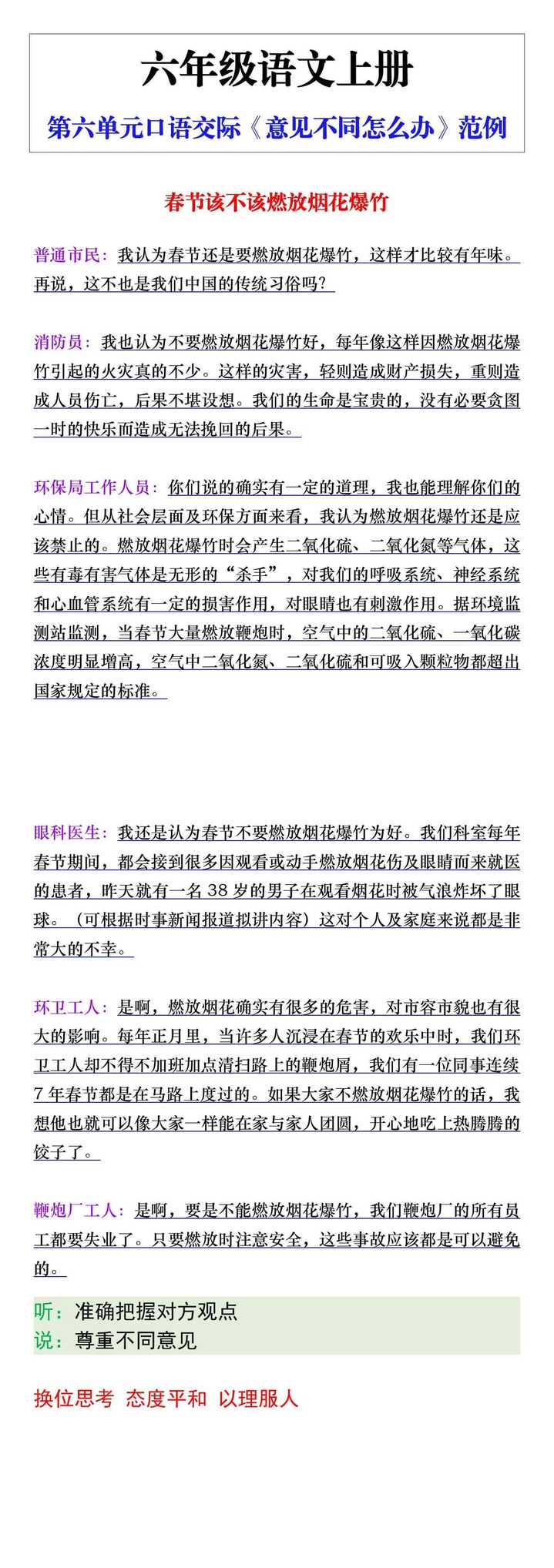 六年级语文上册第六单元口语交际《意见不同怎么办》范例
