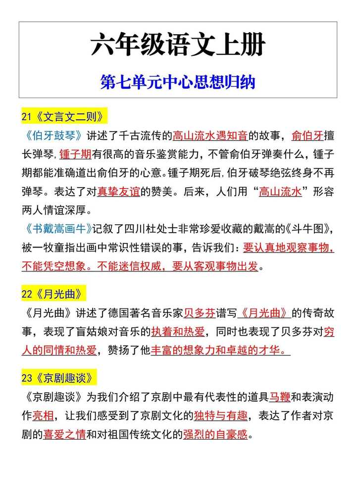 六年级语文上册第七单元中心思想归纳