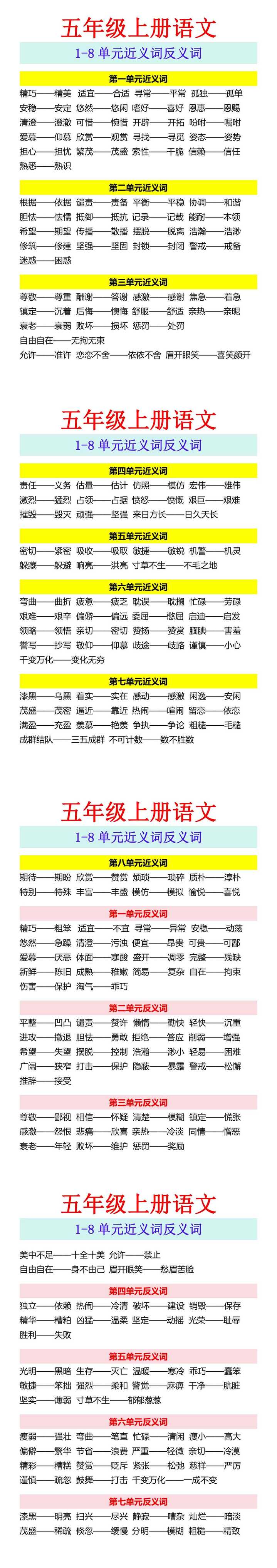 五年级上册语文 1-8单元近义词反义词