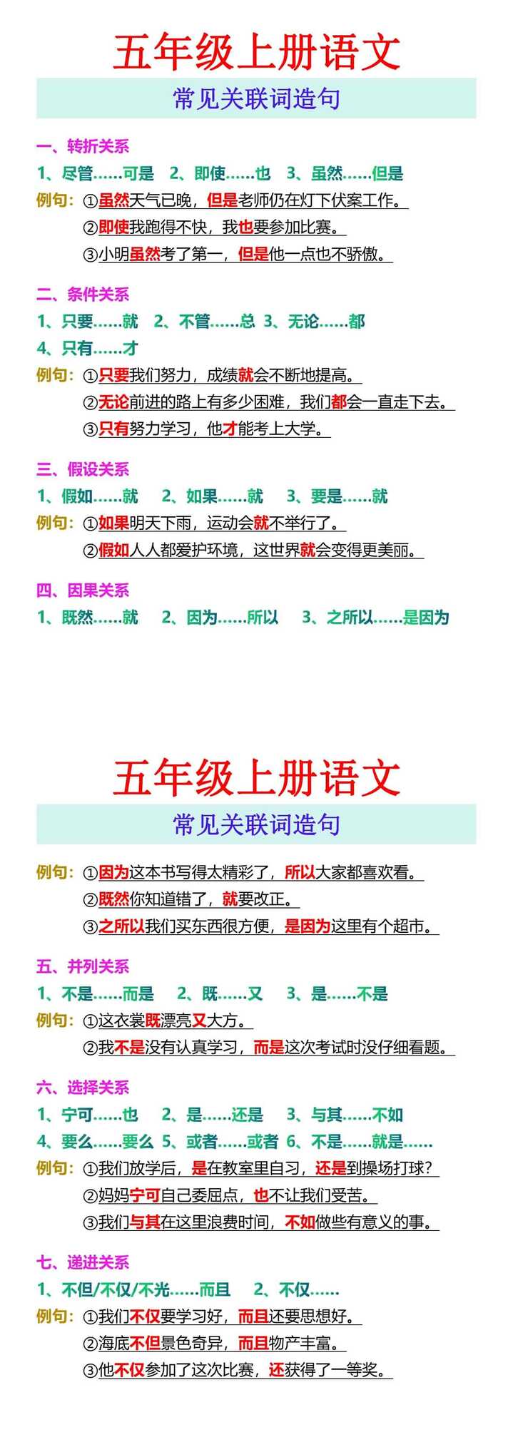 五年级上册语文 常见关联词造句